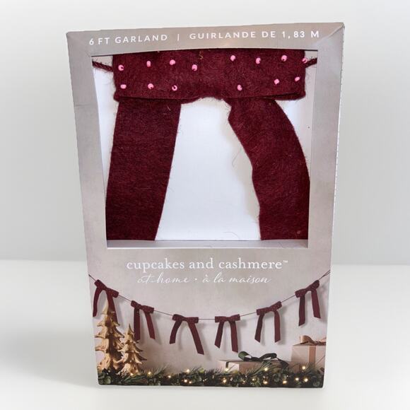 Cupcakes & Cashmere Garland Maroon Felt Bow Pink Beads Farmhouse Christmas 6ft - Picture 1 of 4